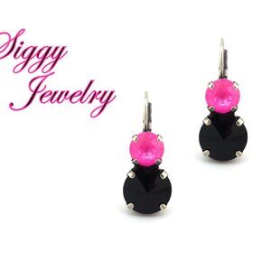 Jet Black and Hot Shocking Pink Double Drop Lever Back Earrings